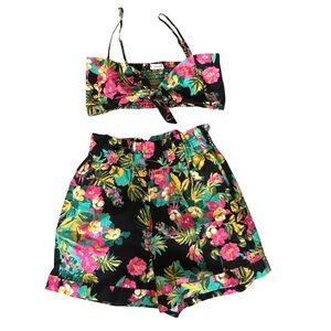 Express x Rocky Barnes Floral Women's Shorts & Crop Top Set Black Small Linen
